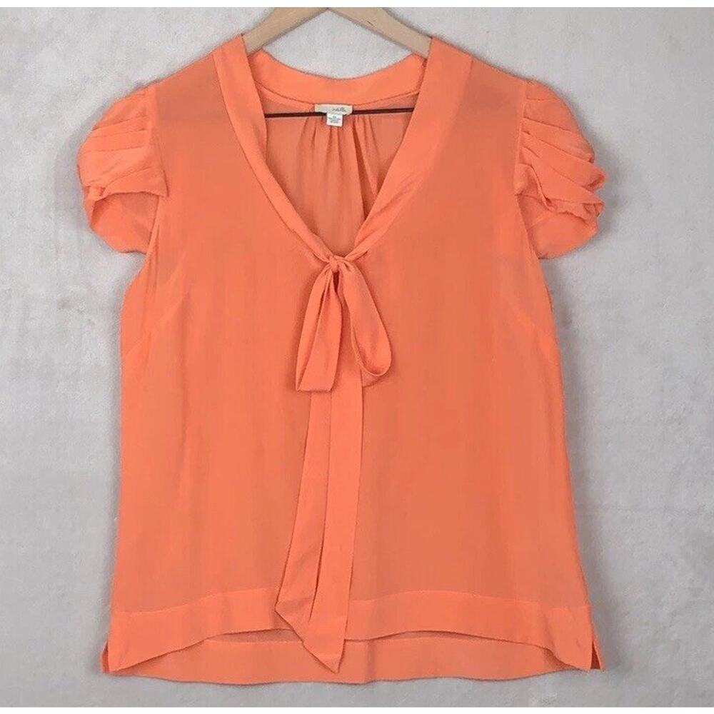 ODILLE‎ 100% Silk Top Sz 10 Orange V-Neck Tie Pleated Cap Sleeve Chiffon Popover